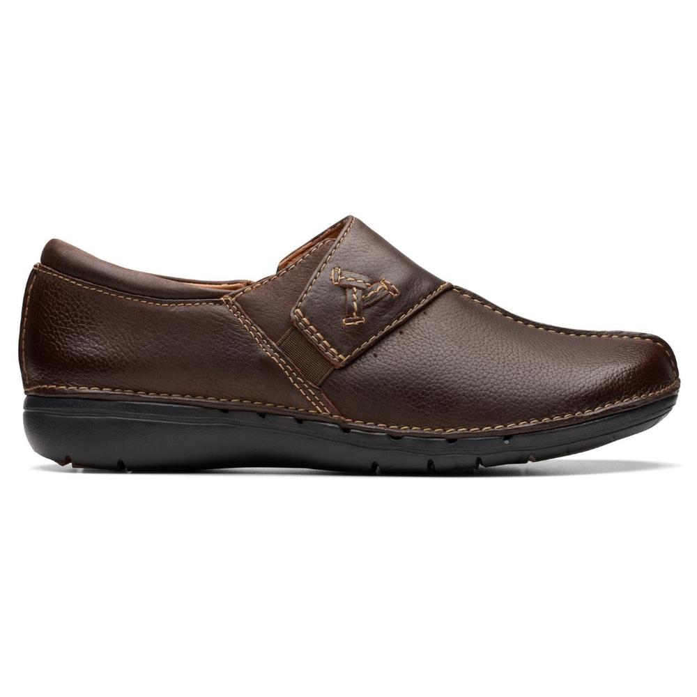 NEW CLARKS women's un loop ave slip on leather shoes in dark brown leather